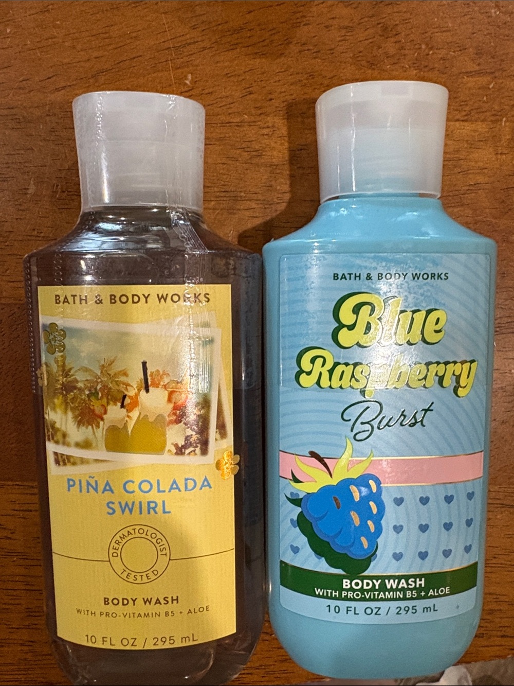 Bath and body summer shower gel in Pima colada swirl and blue raspberry